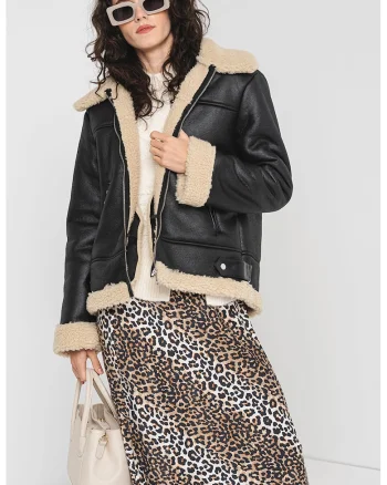 Jacheta din blana shearling sintetica, Negru/Bej