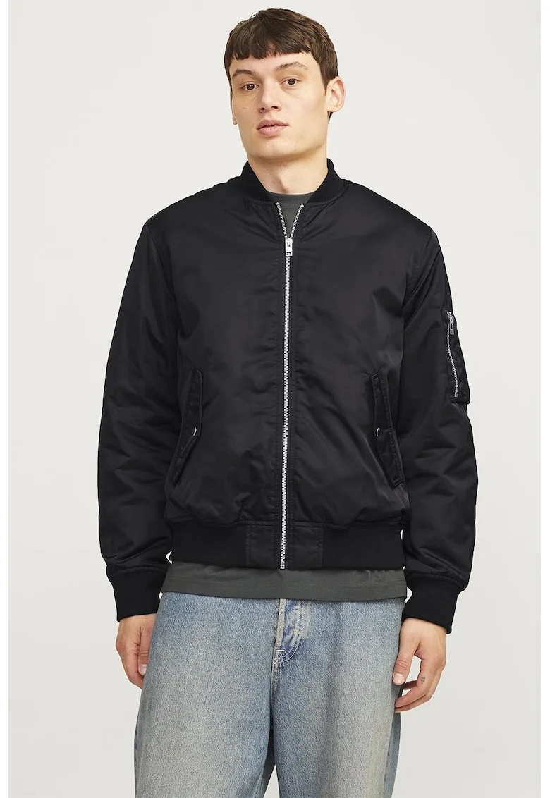Jacheta bomber cu buzunare cu clapa, Negru