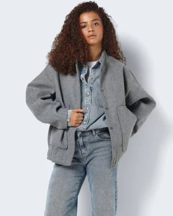 Geaca bomber  supradimensionata, guler inalt, maneci lungi, gri, poliester