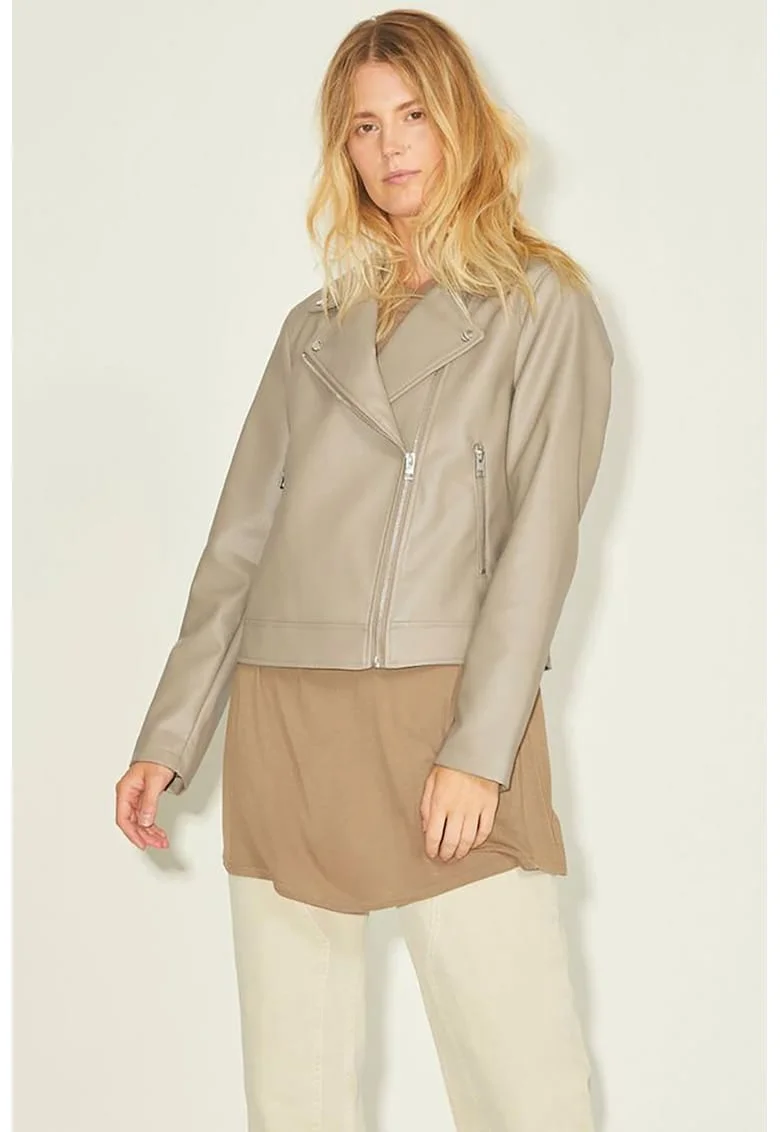 Jacheta biker din piele ecologica, Maro taupe deschis