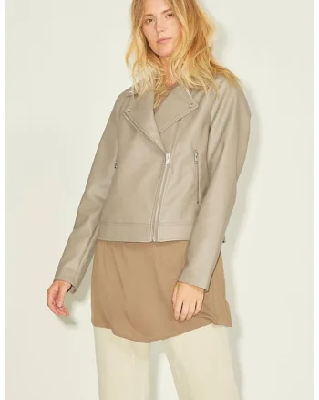 Jacheta biker din piele ecologica, Maro taupe deschis