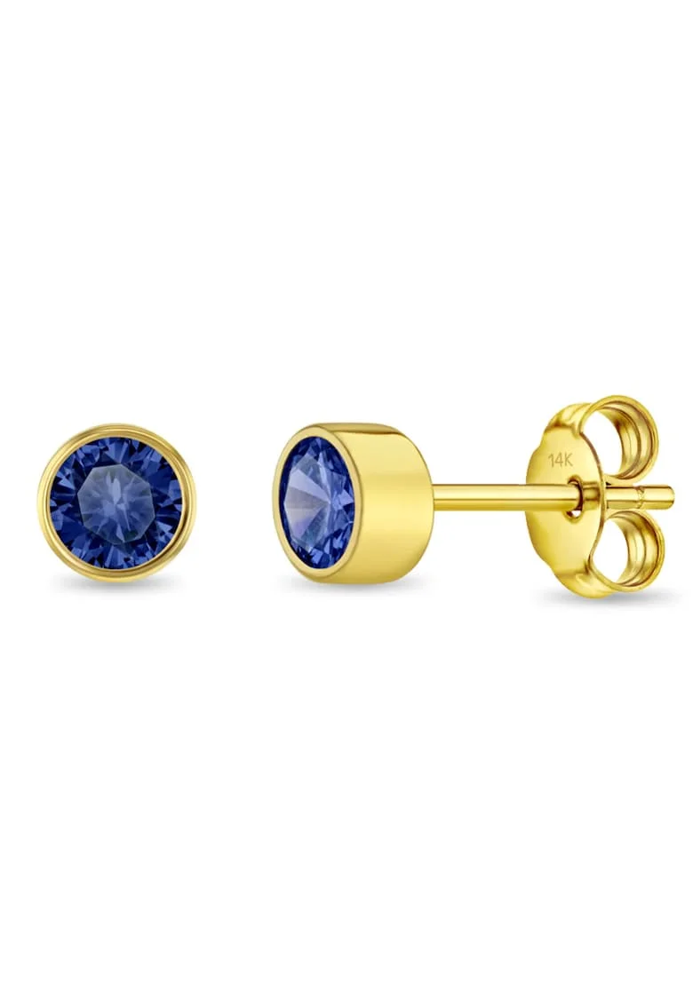 Cercei din Aur 14K pentru Copii, cu Safir – Birthstone luna Septembrie, montura Halo, inchidere cu Fluturas