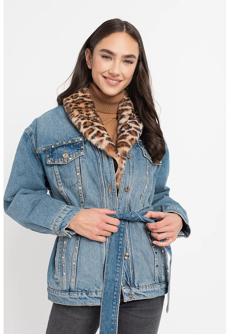 Jacheta din denim cu guler din blana sintetica, Albastru deschis