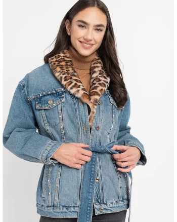 Jacheta din denim cu guler din blana sintetica, Albastru deschis