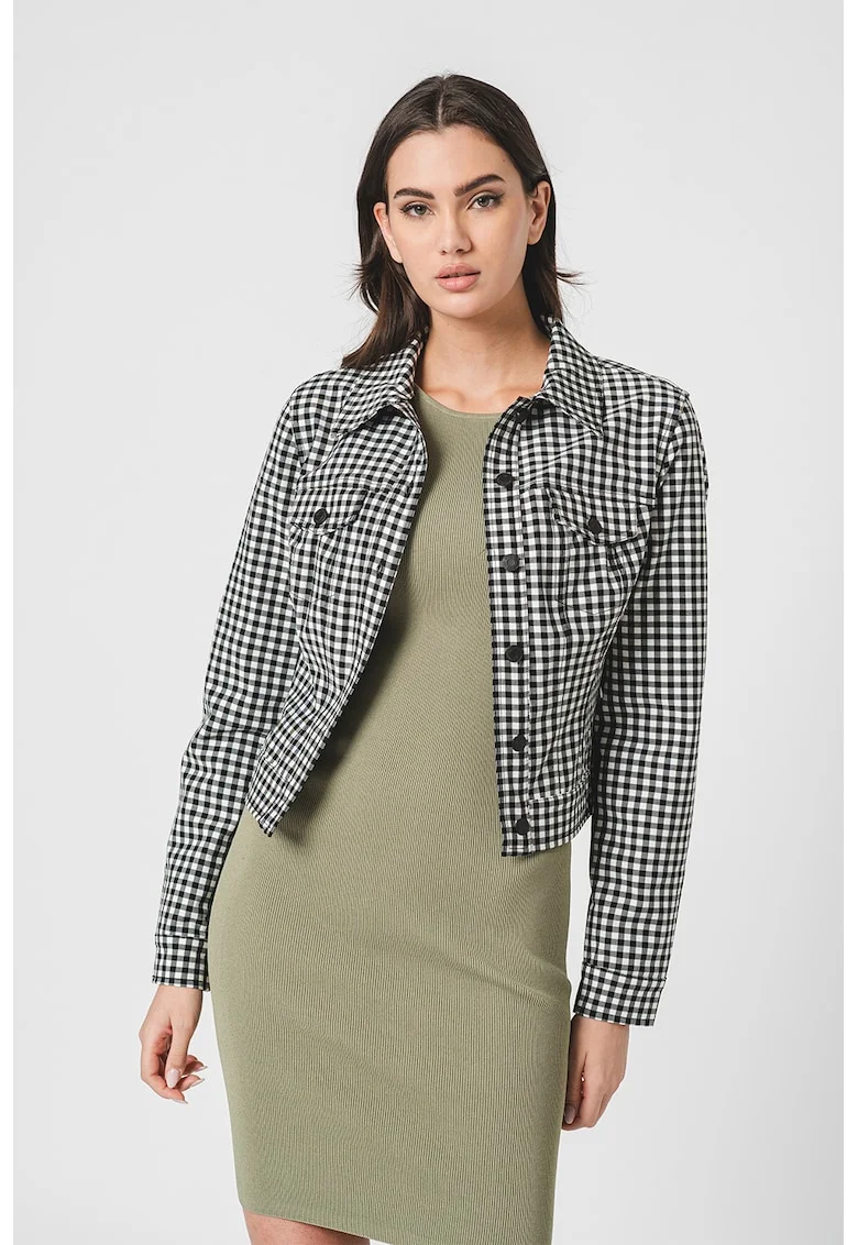 Jacheta cu model houndstooth si buzunare pe piept, Alb/Negru