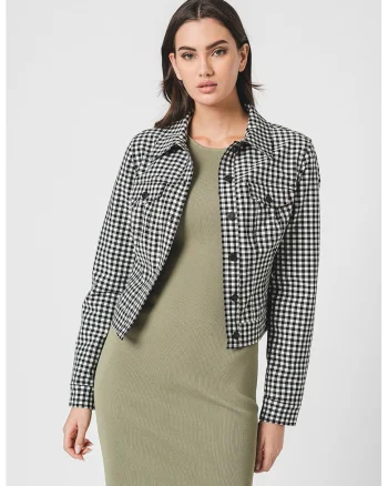 Jacheta cu model houndstooth si buzunare pe piept, Alb/Negru