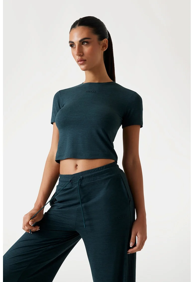 Tricou crop pentru fitness, Albastru petrol