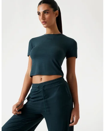 Tricou crop pentru fitness, Albastru petrol