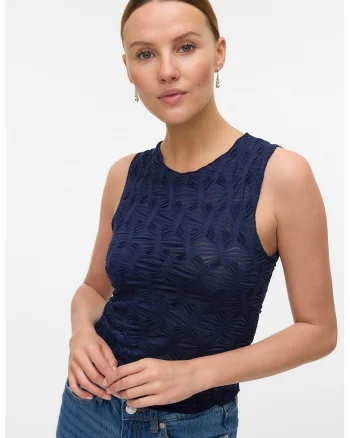 Top slim fit cu decolteu la baza gatului, Bleumarin