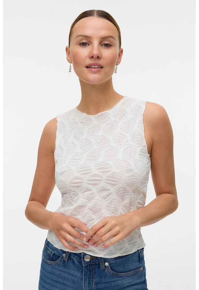 Top slim fit cu decolteu la baza gatului, Alb murdar