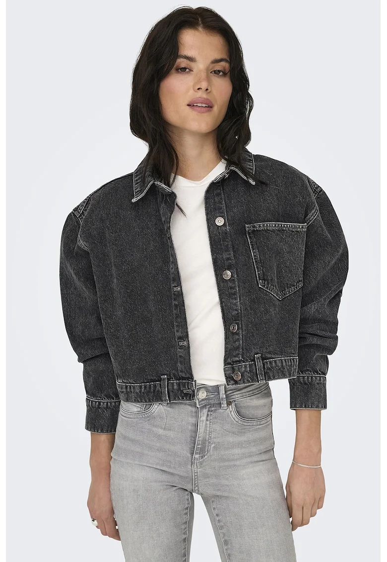 Jacheta crop de denim cu maneci cazute, Gri inchis
