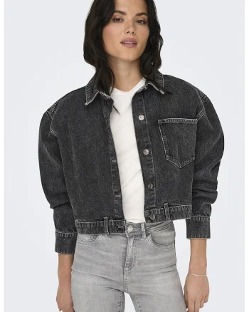 Jacheta crop de denim cu maneci cazute, Gri inchis