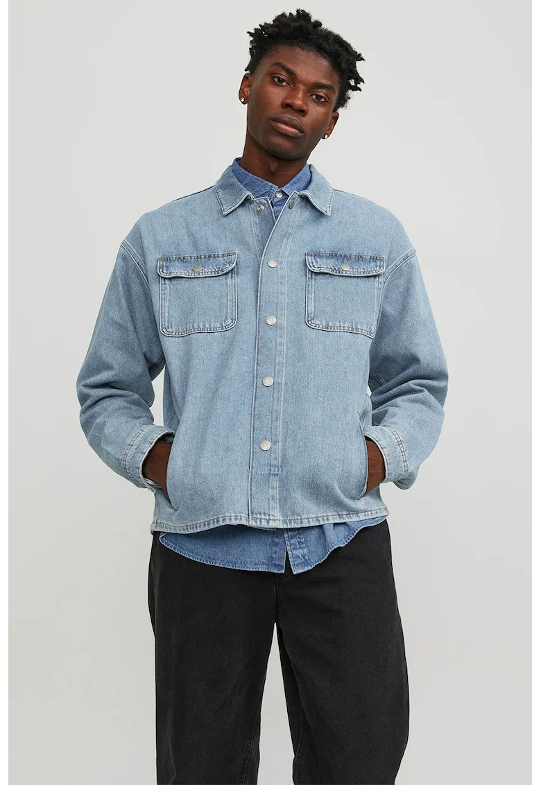 Jacheta de denim cu buzunare pe piept, Albastru deschis