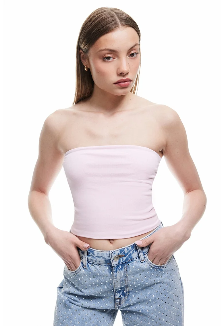 Top fara maneci cu model uni, Roz pastel