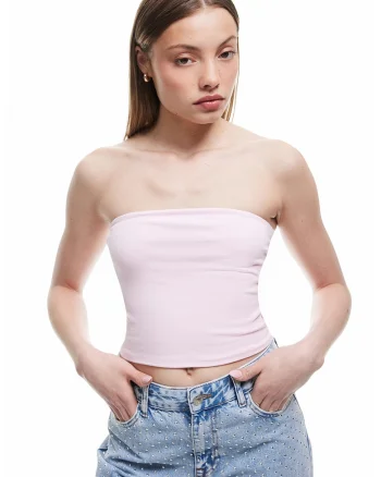 Top fara maneci cu model uni, Roz pastel