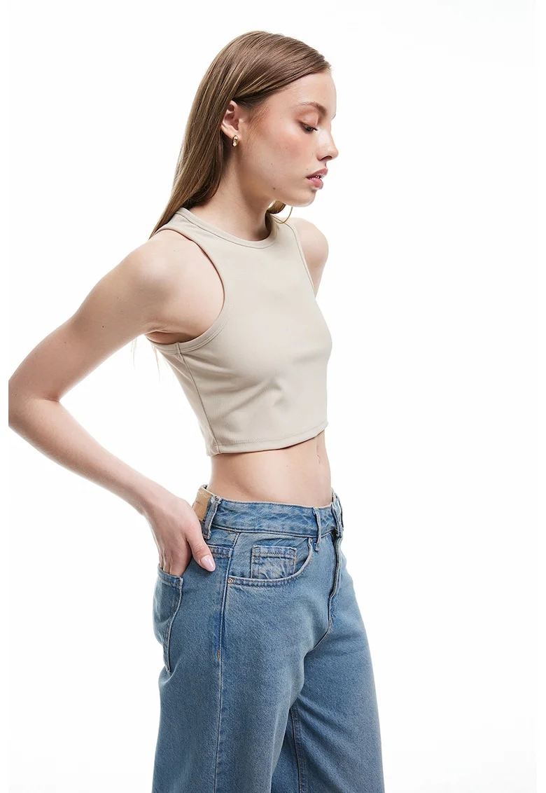 Top crop cu model uni, Bej deschis