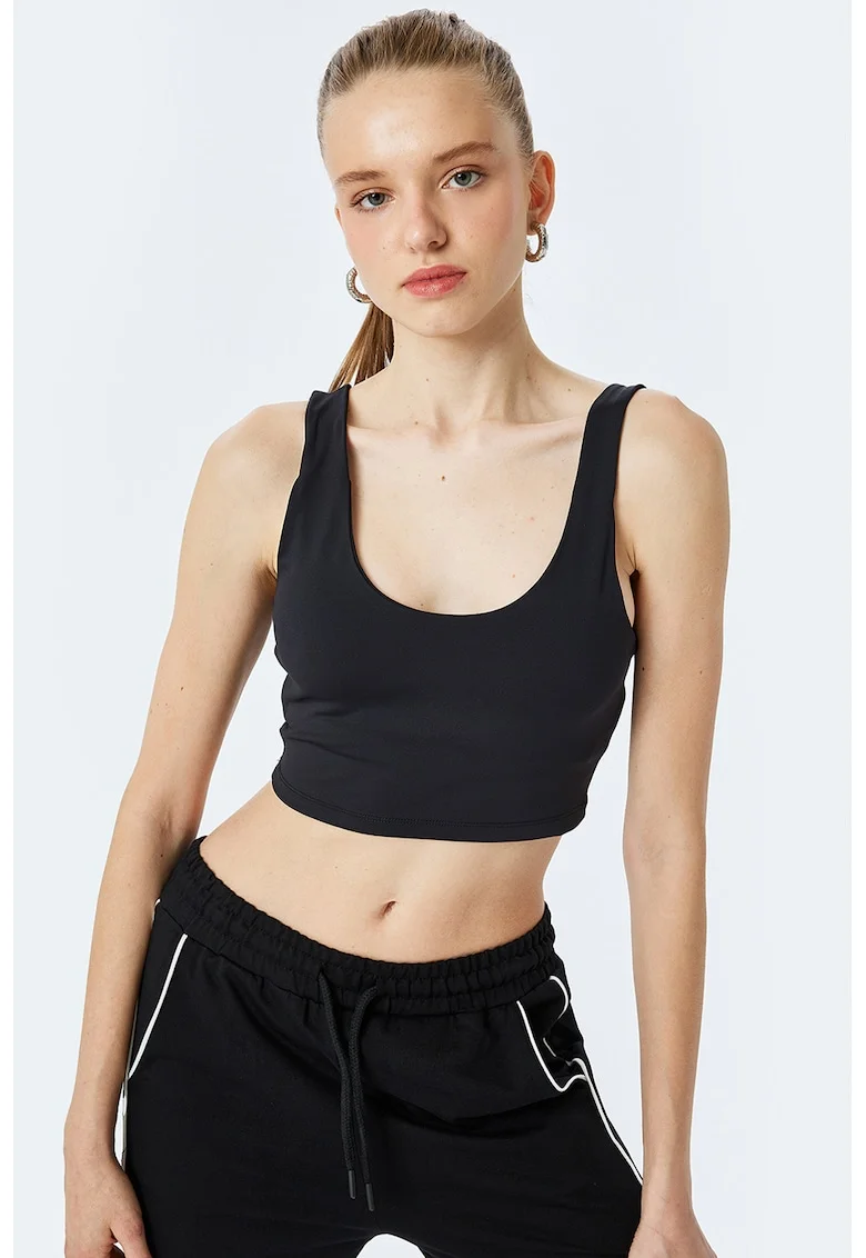 Top crop cu decolteu adanc, Negru