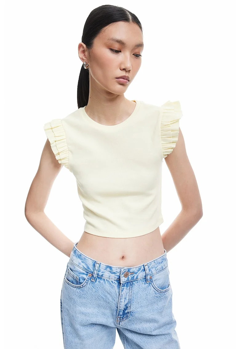 Top slim fit cu volane, Galben pal