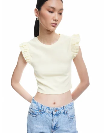 Top slim fit cu volane, Galben pal