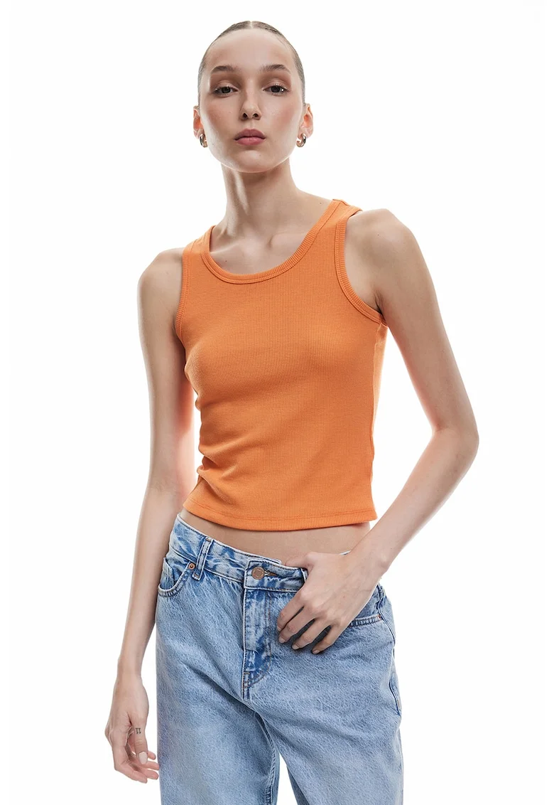 Top crop cu decolteu rotund si aspect striat, Portocaliu mandarina