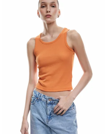 Top crop cu decolteu rotund si aspect striat, Portocaliu mandarina