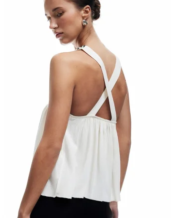 Top cu insertie crosetata, Negru stins/Alb murdar