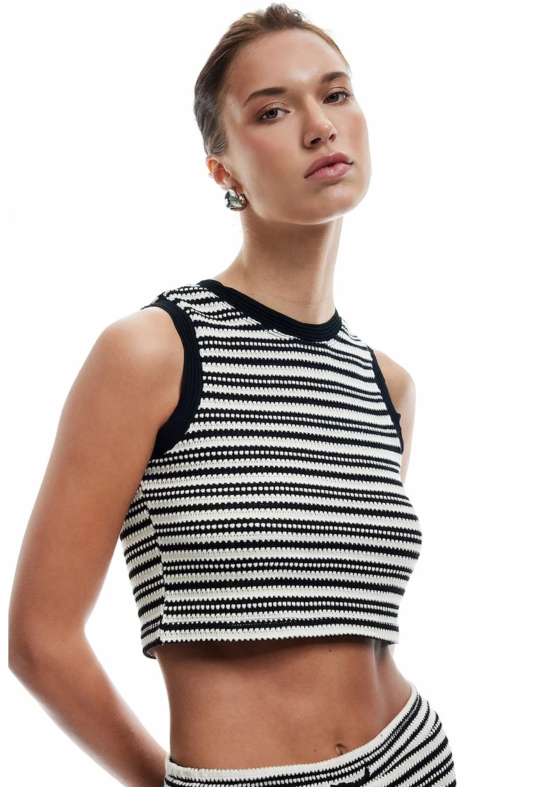 Top crop crosetat, Negru/Alb murdar