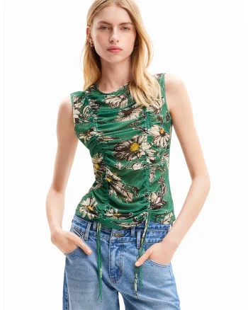 Top cu model floral si model cu fronseuri, Verde/Crem