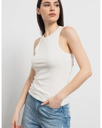 Top slim fit cu striatii, Alb