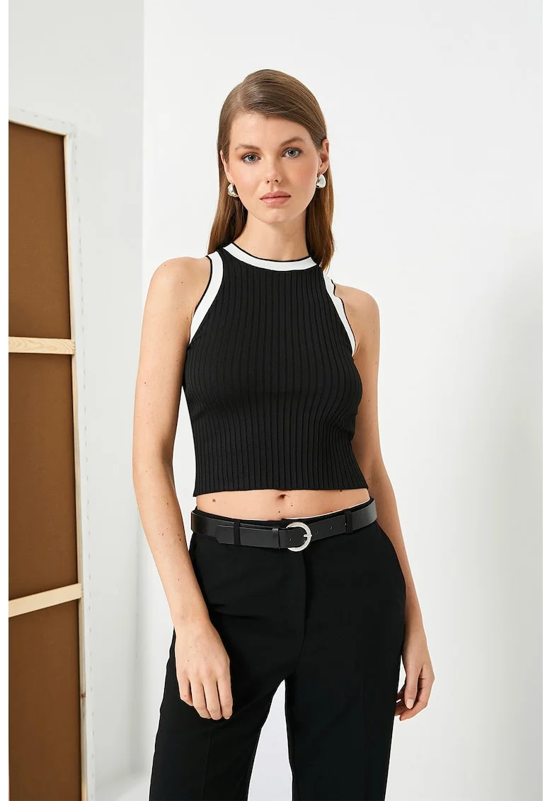 Top crop cu detalii contrastante, Negru