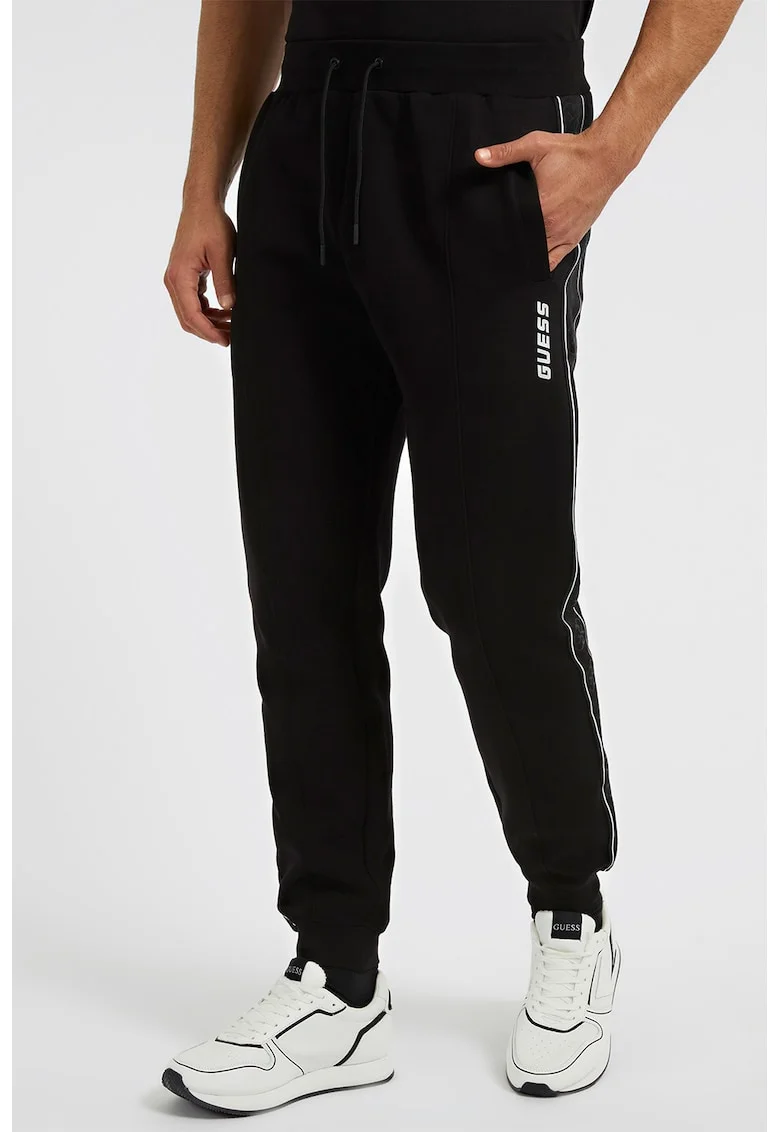 Pantaloni cu insertii logo, pentru fitness, Negru