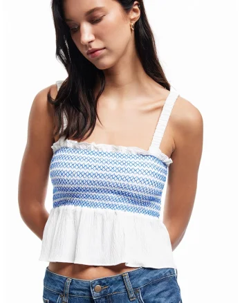 Top crop cu insertii elastice, Alb optic/Albastru