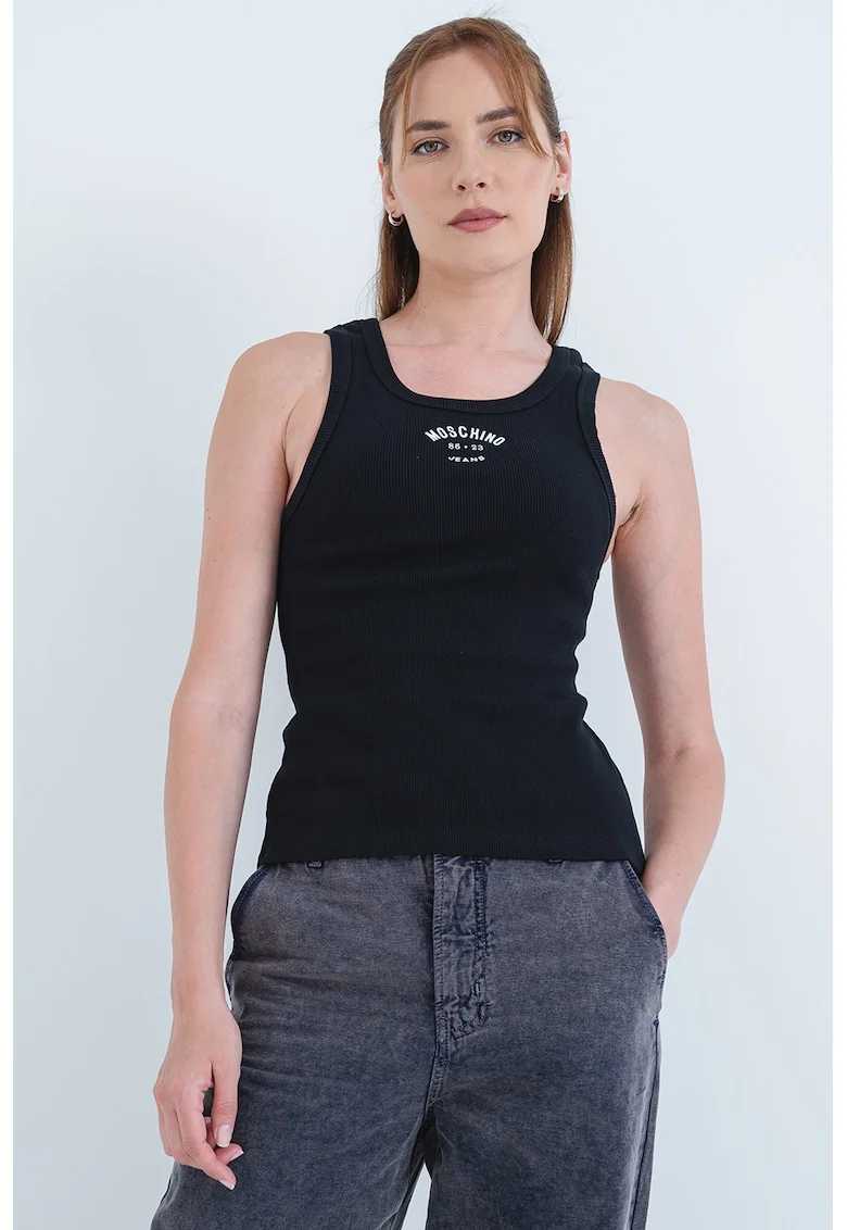 Top striat cu detaliu logo, Negru