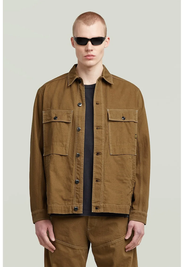 Jacheta-camasa din denim cu buzunare supradimensionate pe piept, Caramel