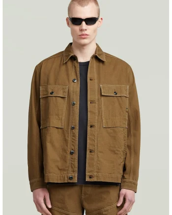 Jacheta-camasa din denim cu buzunare supradimensionate pe piept, Caramel