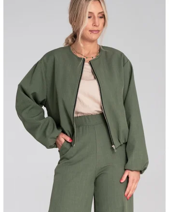 Geaca bomber  verde masliniu, material textil, croiala lejera, cu fermoar si buzunare laterale,