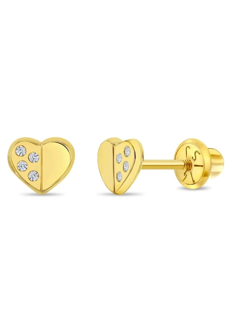 Cercei din Aur 14K pentru Bebelusi si Copii, model Inimioara cu Pietre CZ, inchidere cu Filet si Protectie
