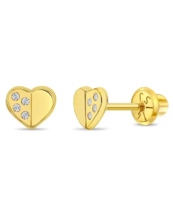 Cercei din Aur 14K pentru Bebelusi si Copii, model Inimioara cu Pietre CZ, inchidere cu Filet si Protectie
