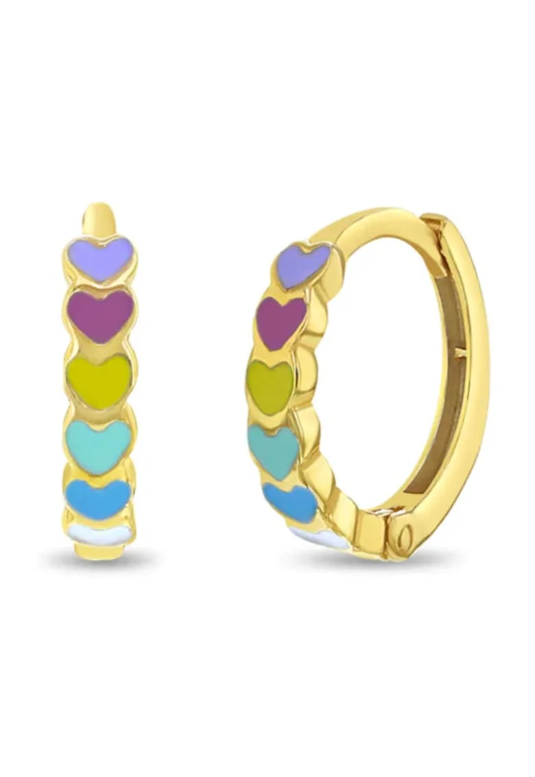 Cercei din Aur 14K pentru Copii si Adolescente, model Cascada Inimioare cu Email Multicolor, inchidere tip Tortita
