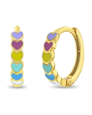 Cercei din Aur 14K pentru Copii si Adolescente, model Cascada Inimioare cu Email Multicolor, inchidere tip Tortita