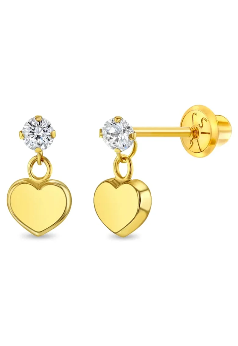 Cercei din Aur 14K pentru Copii – Inimioara Dangle cu piatra CZ alba, inchidere cu Filet si Protectie