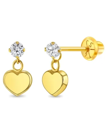 Cercei din Aur 14K pentru Copii – Inimioara Dangle cu piatra CZ alba, inchidere cu Filet si Protectie