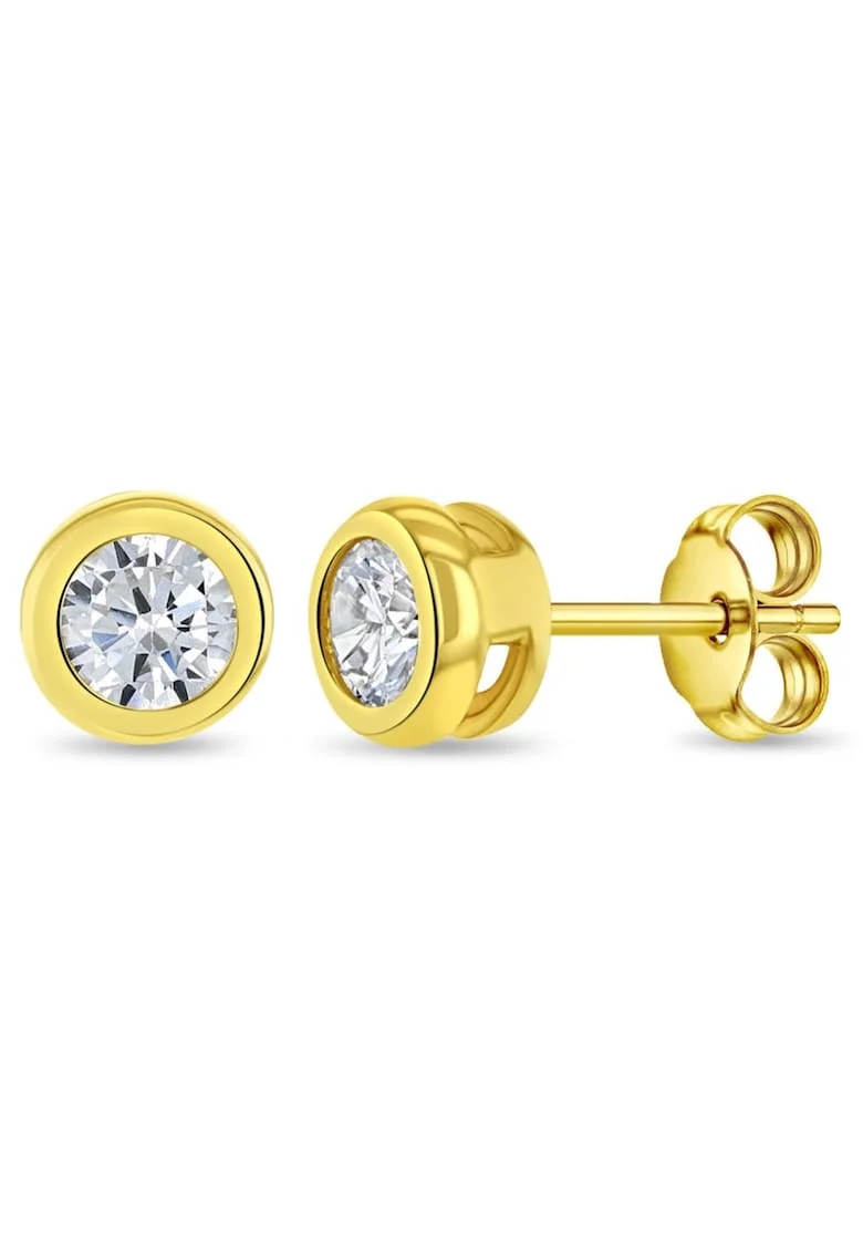 Cercei din Aur 14K pentru Copii si Adolescenti, model Sparkling Bezel cu Piatra CZ, inchidere cu Fluturas