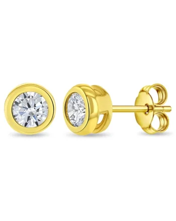 Cercei din Aur 14K pentru Copii si Adolescenti, model Sparkling Bezel cu Piatra CZ, inchidere cu Fluturas