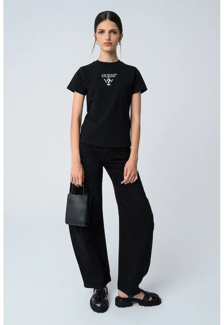Tricou cu logo brodat pe piept, Negru/Alb murdar