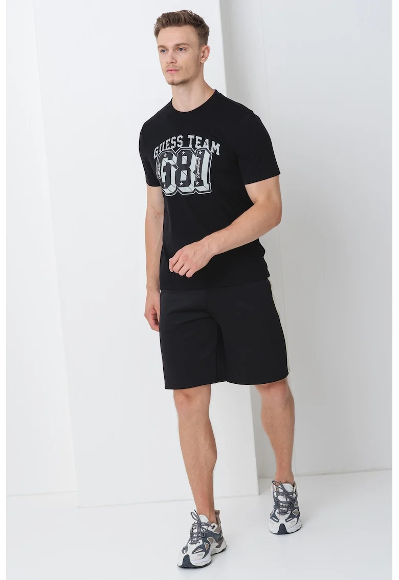 Tricou cu decolteu la baza gatului rotund si imprimeu logo, Negru/Gri inchis