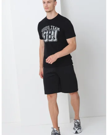 Tricou cu decolteu la baza gatului rotund si imprimeu logo, Negru/Gri inchis
