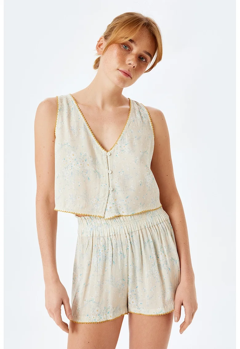 Top cu model floral si decolteu in V, Albastru deschis/Bej deschis
