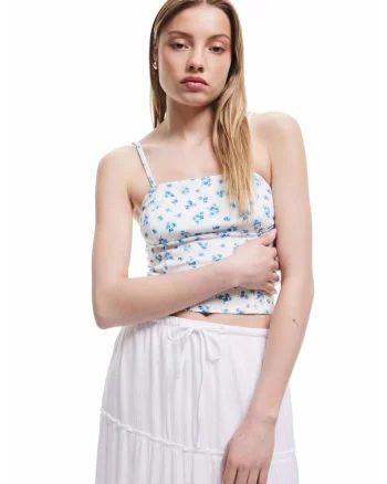 Top crop cu model floral, Alb/Albastru