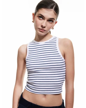 Top crop cu model in dungi, Alb/Negru
